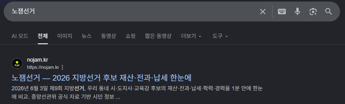 구글 검색 결과 — 노잼선거 메인 노출
