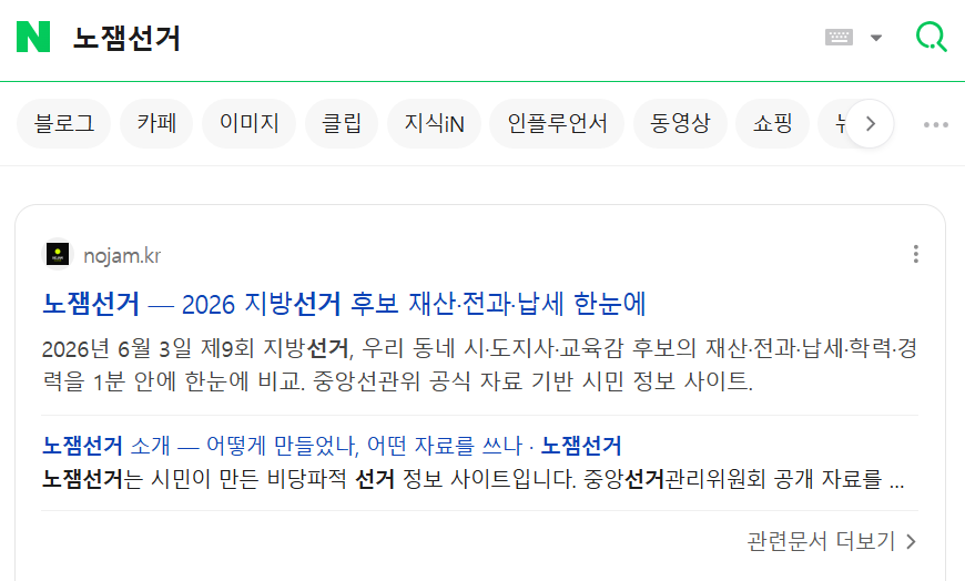 네이버 검색 결과 — 노잼선거 메인 노출